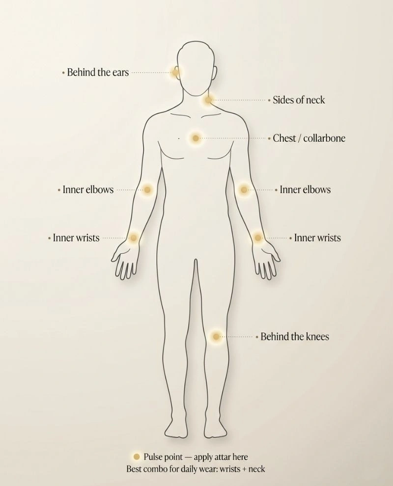Human body silhouette showing the best pulse points to apply attar including inner wrists, sides of neck, behind the ears, inner elbows, chest, and behind the knees. Each point is marked with a warm amber dot indicating where body heat helps release the fragrance.