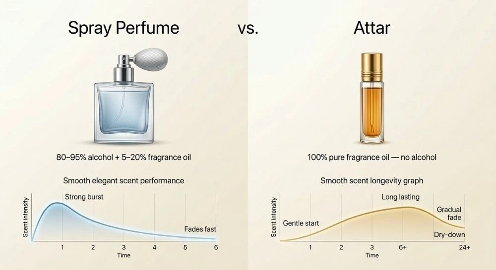Comparison infographic showing how attar and spray perfume differ in scent release over time. Spray perfume has a strong initial burst that fades in 2-4 hours while attar has a gentle start and lasts 6-24 hours. Includes a comparison table covering base, application method, longevity, and sillage.