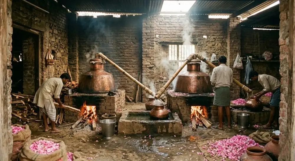 Traditional deg-bhapka attar distillation process inside a workshop in Kannauj, India, showing copper stills (degs) over wood fires with bamboo pipes connected to receiving vessels (bhapkas), surrounded by rose petals and raw materials