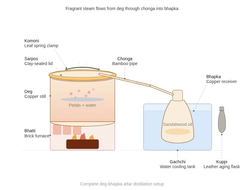 Labeled diagram of the complete deg-bhapka attar distillation setup showing all equipment: copper deg on a brick bhatti furnace, clay-sealed sarpos lid with komoni clamp, bamboo chonga pipe, pear-shaped bhapka receiver submerged in a water-filled gachchi cooling tank, and kuppi leather aging flask