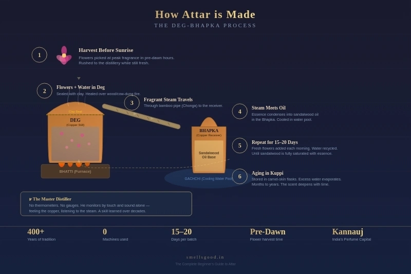 Infographic showing the traditional deg-bhapka process of making attar in Kannauj, India — from pre-dawn flower harvesting to copper still distillation through bamboo pipes into sandalwood oil, with the 15-20 day cycle and aging in camel-skin flasks