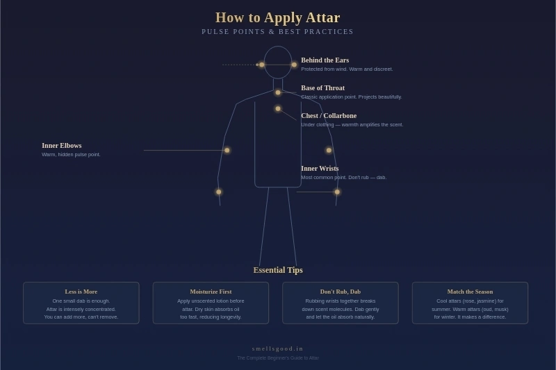 Illustrated guide showing the best pulse points to apply attar on the body — behind the ears, base of throat, chest, inner elbows, and inner wrists — with tips on dabbing technique, moisturizing first, and matching attar to the season