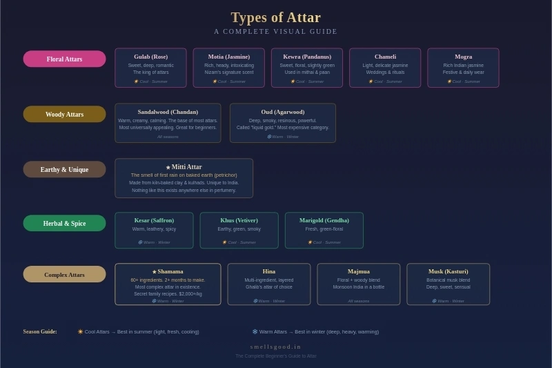 Visual chart showing all types of attar organized by category — floral attars like gulab, motia, chameli, kewra and mogra, woody attars like sandalwood and oud, earthy attars like mitti, herbal attars like kesar and khus, and complex compound attars like shamama, hina and majmua, with warm and cool season recommendations